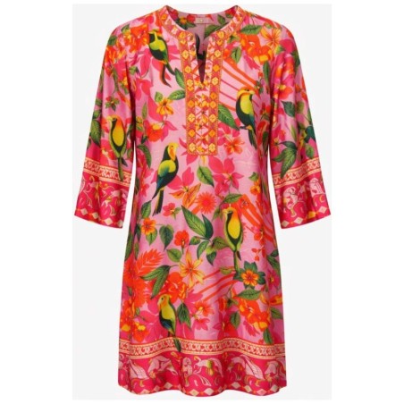 Robe Imprimé Jungle Tropicale | Col V Brodé & Perlé