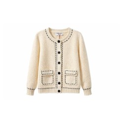 Cardigan Maille Écru Surpiqûres Contrastantes bleu marine